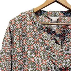 :XL: Banana Republic Short Sleeved Patterned Orange Khaki Button Up Blouse.